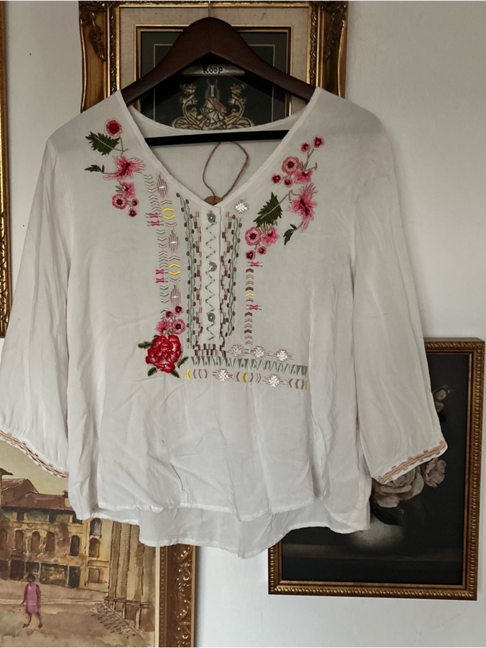White Embroidered V-Neck Womens Top cotton linen